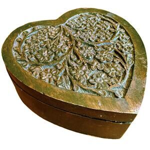 Carved Wood Trinket Jewelry Box Hinged Lid Floral Multi Compartment Brown Love